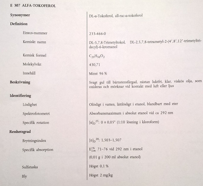 Specifikation för E 307 Alfa-tokoferol från förordning (EU) nr 231/212
