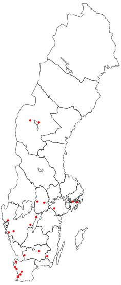 Sverigekarta med markeringar av fall vid utbrott